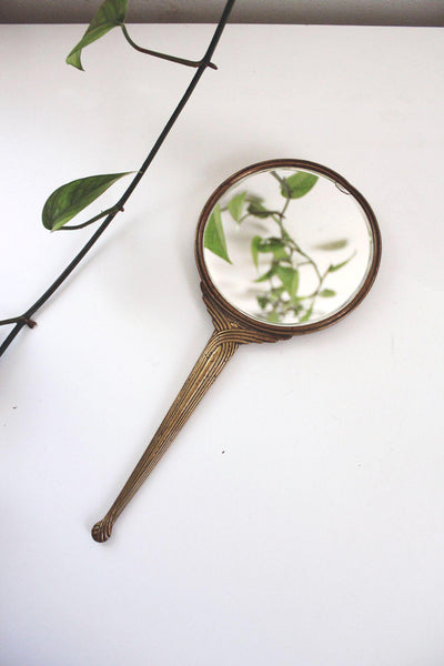 Vintage Art Deco Nouveau Brass Handheld Vanity Hand Mirror Round Glass Ornate