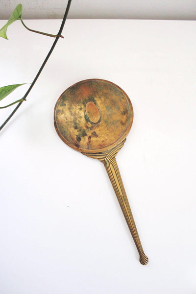 Vintage Art Deco Nouveau Brass Handheld Vanity Hand Mirror Round Glass Ornate