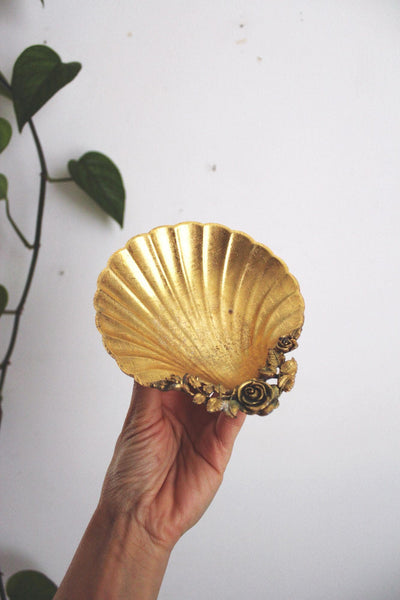Vintage Gold Clam Shell Vanity Dish Rose Leaf Mid Century Trinket Tray Ashtray Catchall