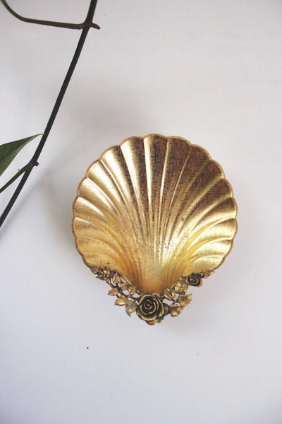 Vintage Gold Clam Shell Vanity Dish Rose Leaf Mid Century Trinket Tray Ashtray Catchall