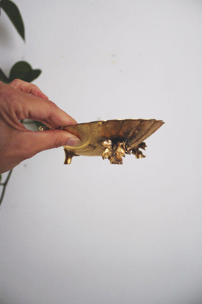 Vintage Gold Clam Shell Vanity Dish Rose Leaf Mid Century Trinket Tray Ashtray Catchall