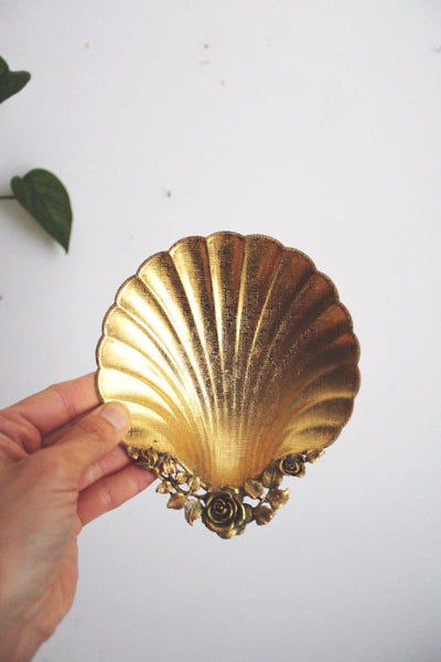 Vintage Gold Clam Shell Vanity Dish Rose Leaf Mid Century Trinket Tray Ashtray Catchall