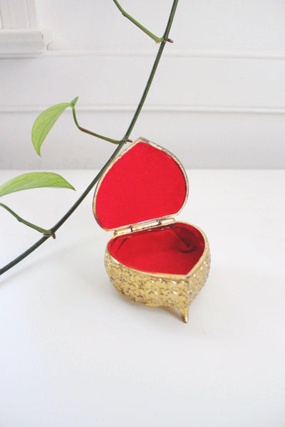 Vintage Ornate Heart Gold Metal Filigree Jewelry Trinket Box Floral Red Velvet Mid Century