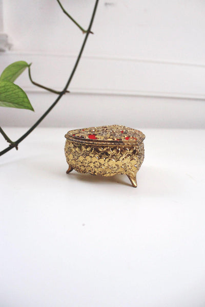 Vintage Ornate Heart Gold Metal Filigree Jewelry Trinket Box Floral Red Velvet Mid Century