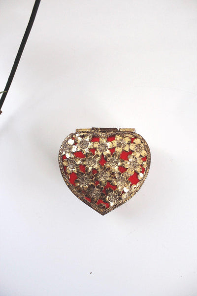 Vintage Ornate Heart Gold Metal Filigree Jewelry Trinket Box Floral Red Velvet Mid Century