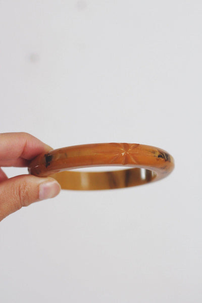 Vintage Carved Butterscotch Bakelite Bangle Bracelet Amber Brown Floral 30s 40a Art Deco