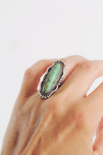 Vintage Navajo Sterling Silver Elongated Green Turquoise Ring Southwest 4.75 Marked