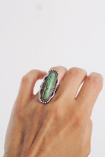 Vintage Navajo Sterling Silver Elongated Green Turquoise Ring Southwest 4.75 Marked