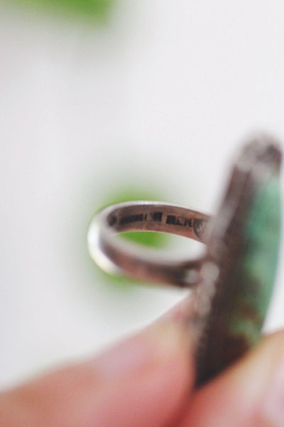 Vintage Navajo Sterling Silver Elongated Green Turquoise Ring Southwest 4.75 Marked
