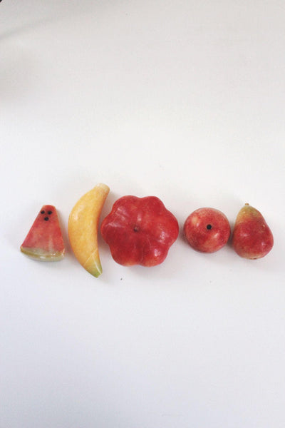 Vintage Hand Carved Stone Fruits Set Alabaster Marble Onyx Banana Apple Mid Century Italy