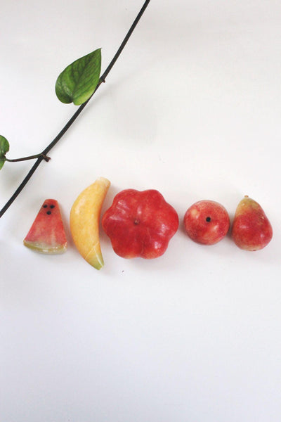 Vintage Hand Carved Stone Fruits Set Alabaster Marble Onyx Banana Apple Mid Century Italy