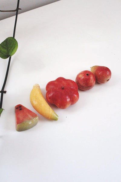 Vintage Hand Carved Stone Fruits Set Alabaster Marble Onyx Banana Apple Mid Century Italy