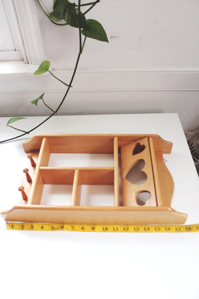 Vintage White Wooden Trinket Shelf Wall Organizer - Heart Cutouts & Hooks - Cottagecore, Rustic, Farmhouse