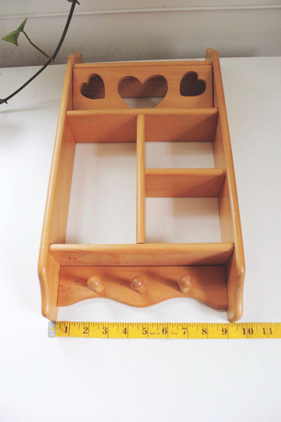 Vintage White Wooden Trinket Shelf Wall Organizer - Heart Cutouts & Hooks - Cottagecore, Rustic, Farmhouse