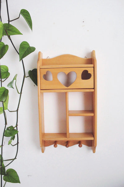 Vintage White Wooden Trinket Shelf Wall Organizer - Heart Cutouts & Hooks - Cottagecore, Rustic, Farmhouse