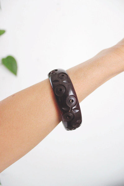 Vintage Carved Bakelite Bangle Bracelet Oxblood Red Brown Art Deco Circle Dot Floral
