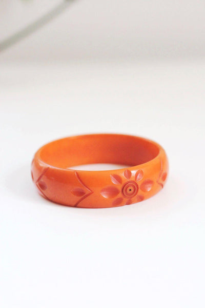 Vintage Carved Orange Bakelite Bangle Bracelet Geometric Starburst Art Deco Floral 30s