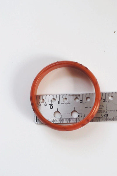 Vintage Carved Orange Bakelite Bangle Bracelet Geometric Starburst Art Deco Floral 30s