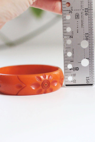 Vintage Carved Orange Bakelite Bangle Bracelet Geometric Starburst Art Deco Floral 30s