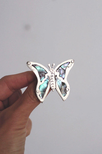 Vintage Mexican Alpaca Silver Abalone Butterfly Brooch Pin Handcrafted Jewelry Taxco