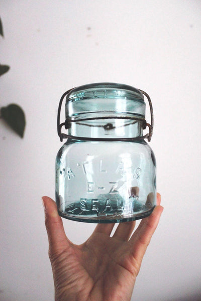 Antique Atlas E-Z Seal Aqua Blue Glass Canning Jar Wire Bail Lid Vintage Rustic Farmhouse