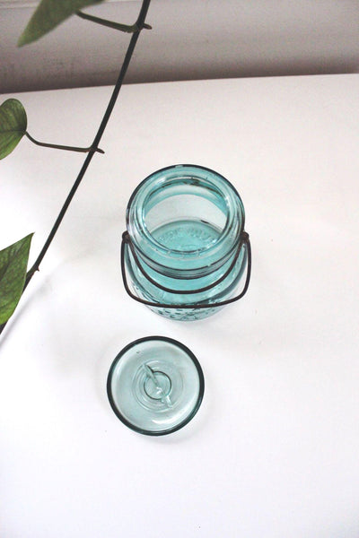 Antique Atlas E-Z Seal Aqua Blue Glass Canning Jar Wire Bail Lid Vintage Rustic Farmhouse