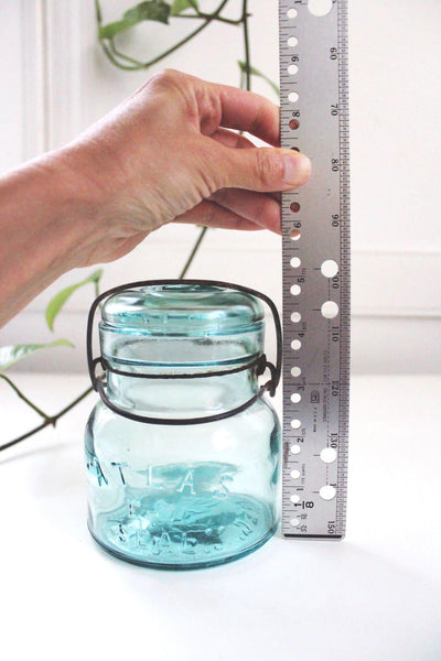 Antique Atlas E-Z Seal Aqua Blue Glass Canning Jar Wire Bail Lid Vintage Rustic Farmhouse