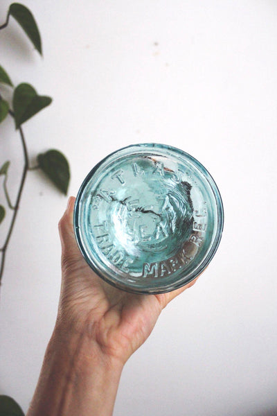 Antique Atlas E-Z Seal Aqua Blue Glass Canning Jar Wire Bail Lid Vintage Rustic Farmhouse
