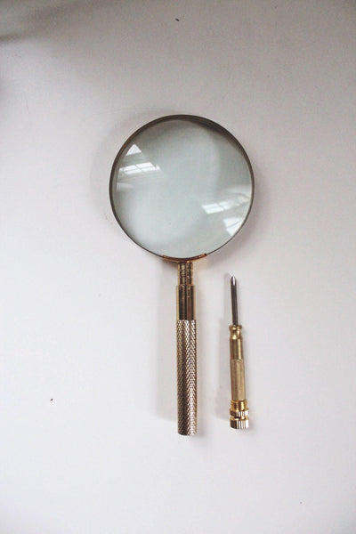 Vintage 4-in-1 Brass Magnifying Glass Nesting Screwdriver Tool Set Office Elegant