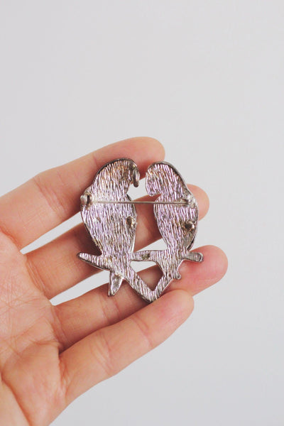 Vintage Silver Parrot Lovebirds Brooch Pin Antiqued Oxidized Jewelry Birds