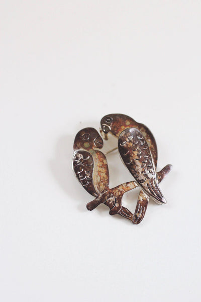 Vintage Silver Parrot Lovebirds Brooch Pin Antiqued Oxidized Jewelry Birds