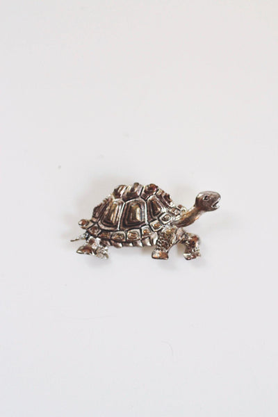 Vintage Turtle Tortoise Silver Brooch Repousse Antiqued Oxidized Figural Animal