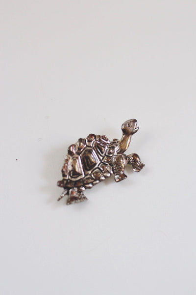 Vintage Turtle Tortoise Silver Brooch Repousse Antiqued Oxidized Figural Animal