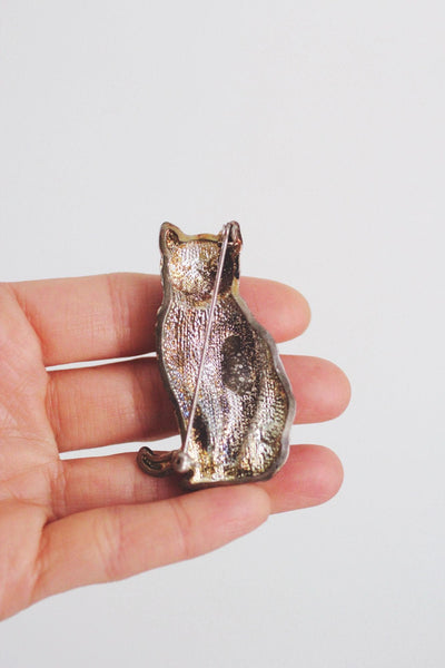 Vintage Silver Cat Brooch Pin Antiqued Oxidized Animal Jewelry Aged Rustic