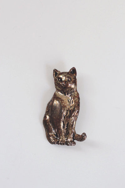 Vintage Silver Cat Brooch Pin Antiqued Oxidized Animal Jewelry Aged Rustic