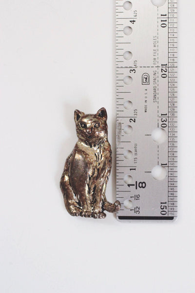 Vintage Silver Cat Brooch Pin Antiqued Oxidized Animal Jewelry Aged Rustic