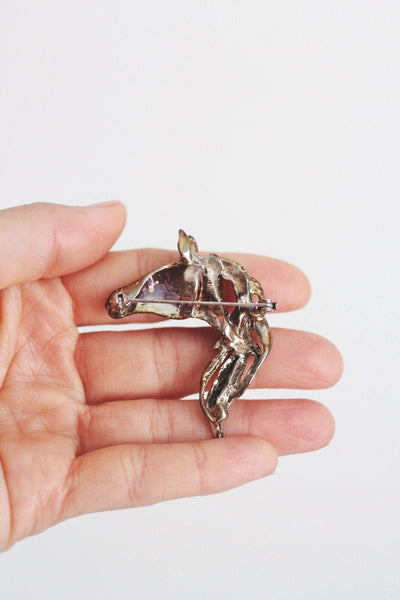 Vintage Silver Horse Head Brooch Pin Pendant Equestrian Jewelry Brutalist Sculptural