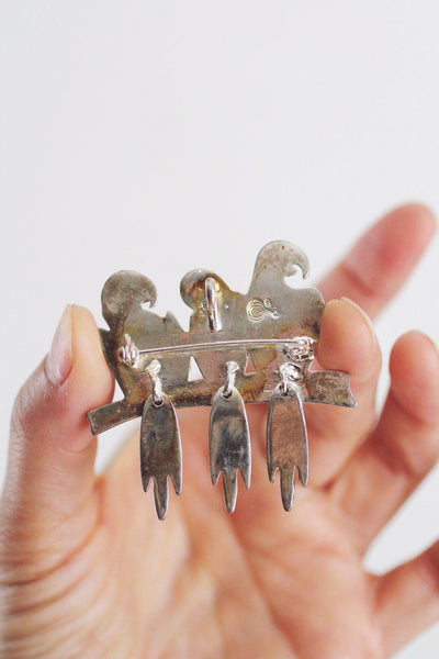 Vintage Silver Three Parrots Brooch Pin Bird Jewelry Articulated Tails Macaws