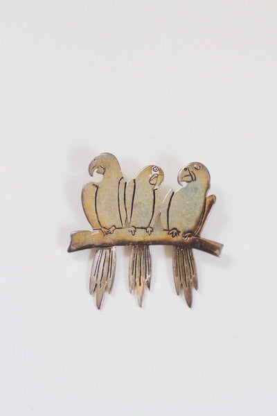 Vintage Silver Three Parrots Brooch Pin Bird Jewelry Articulated Tails Macaws