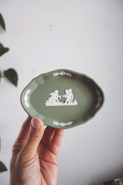 Vintage Wedgwood Sage Green Jasperware Oval Trinket Dish England Cherubs Ceramic Matte