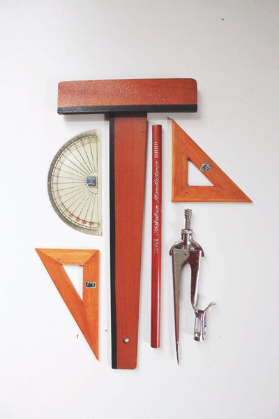 Vintage Architects Drafting Geometry Tool Set Japan Compass Protractor Triangles T-Square