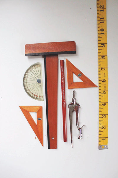 Vintage Architects Drafting Geometry Tool Set Japan Compass Protractor Triangles T-Square