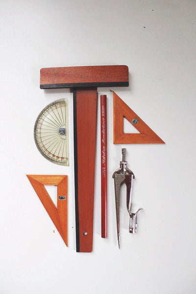 Vintage Architects Drafting Geometry Tool Set Japan Compass Protractor Triangles T-Square