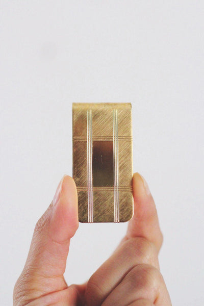 Vintage Gold-Tone Money Clip Art Deco Engine Grid Plaid Etched Design