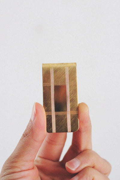 Vintage Gold-Tone Money Clip Art Deco Engine Grid Plaid Etched Design