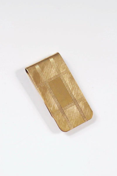 Vintage Gold-Tone Money Clip Art Deco Engine Grid Plaid Etched Design