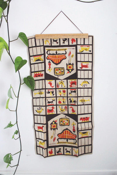 Vintage Suzie Davis Pennyslvania Dutch Folk Art Tea Towel Wall Hanging Mid-Century Linen