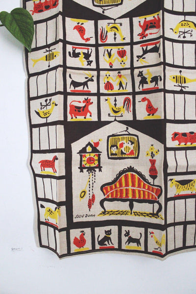 Vintage Suzie Davis Pennyslvania Dutch Folk Art Tea Towel Wall Hanging Mid-Century Linen