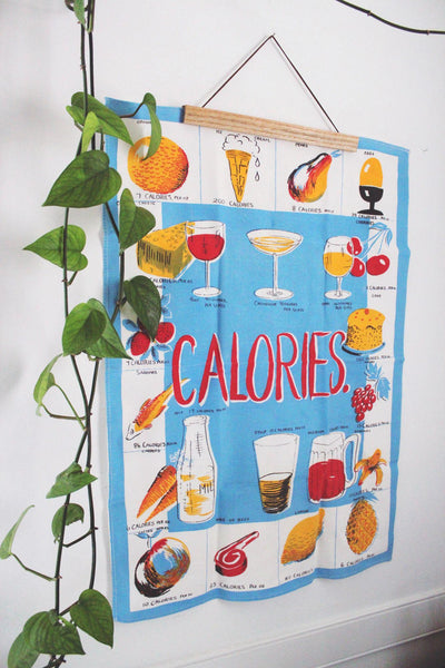 Vintage Mid-Century Linen Kitchen Tea Towel Wall Hanging Calories Novelty Graphic Design