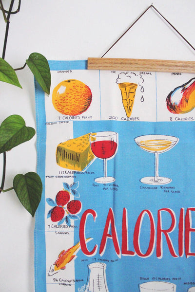Vintage Mid-Century Linen Kitchen Tea Towel Wall Hanging Calories Novelty Graphic Design